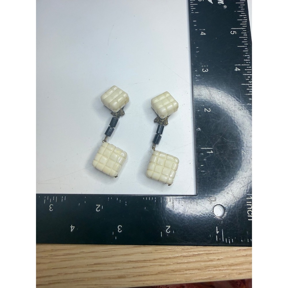 Vintage Made in Austria Clip On Drop Earrings White Waffle Glass Black Beads